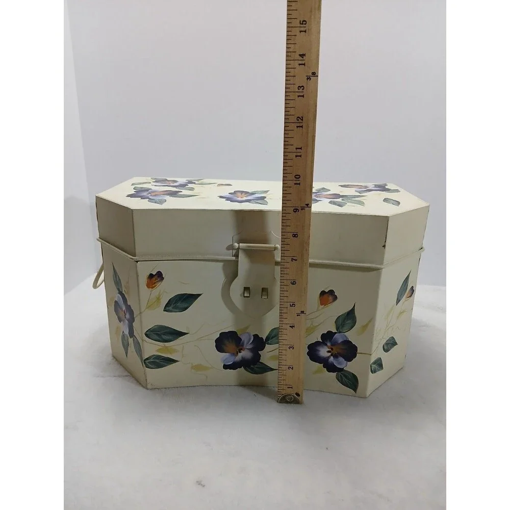 ​VINTAGE Hand Painted‎ Metal SEWING BOX CADDY Pansy Floral Trunk